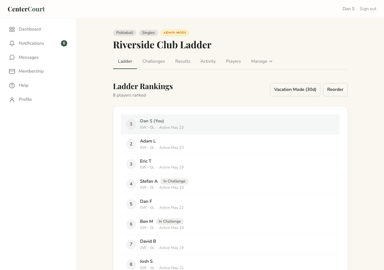 A pickleball challenge ladder with 8 players ranked, an active pending challenge visible between two players, and a response deadline counting down