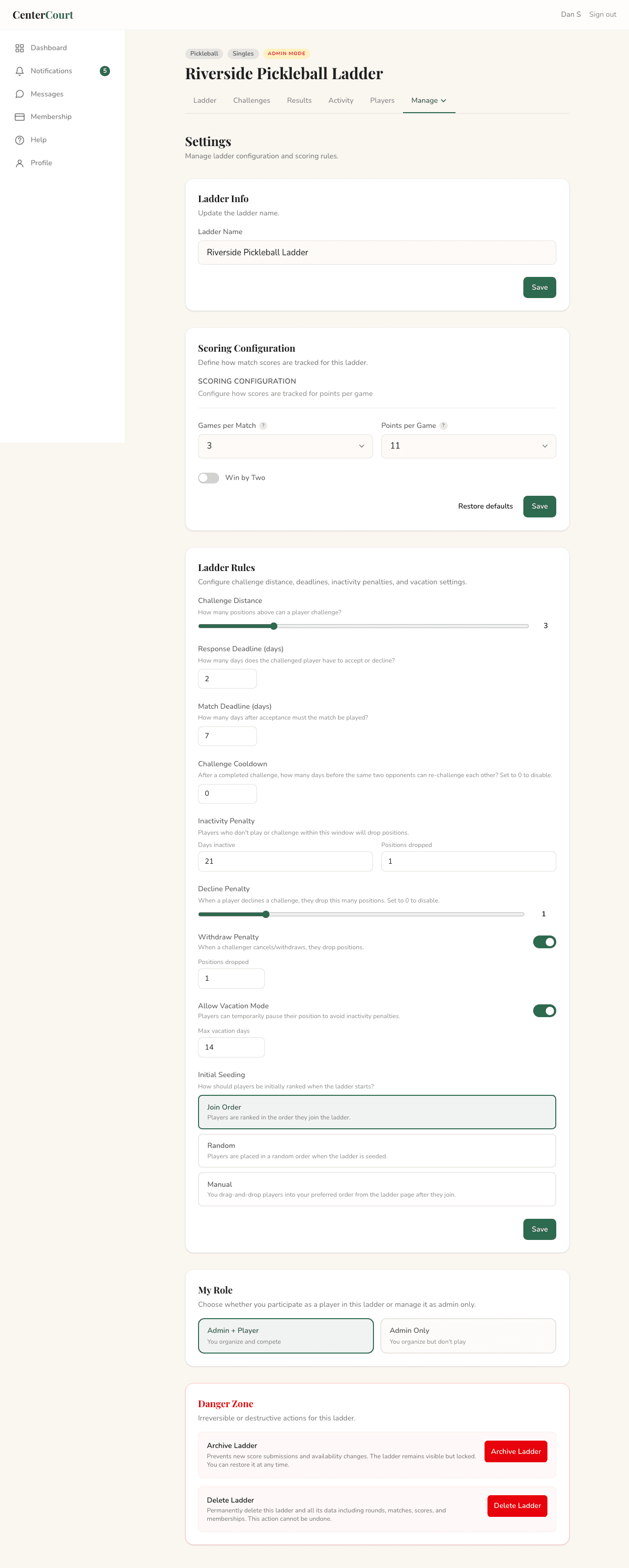Ladder settings page with controls for challenge distance, response deadline, match deadline, cooldown, inactivity penalty, vacation mode, initial seeding, and danger zone