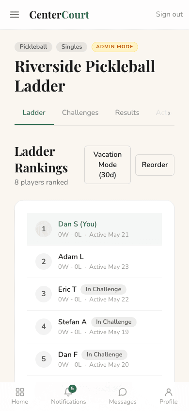 Mobile view of the ladder standings page with hamburger menu and a bottom tab bar for Home, Notifications, Messages, and Profile