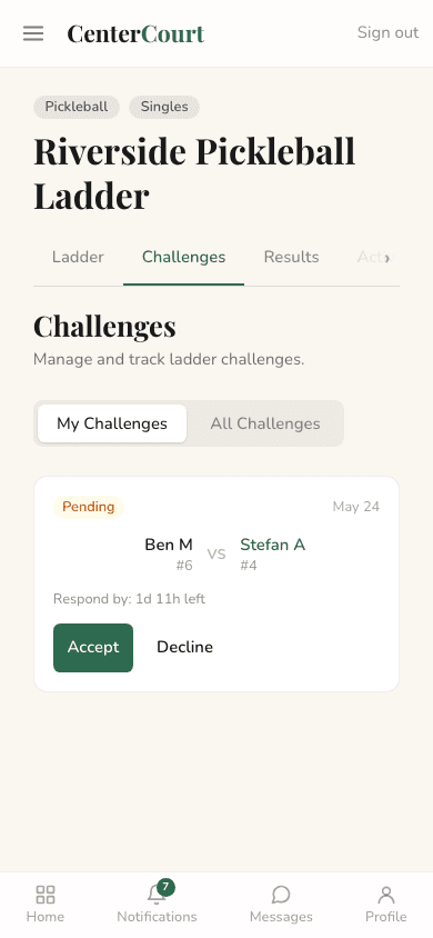 Mobile view of a pending challenge with Accept and Decline buttons