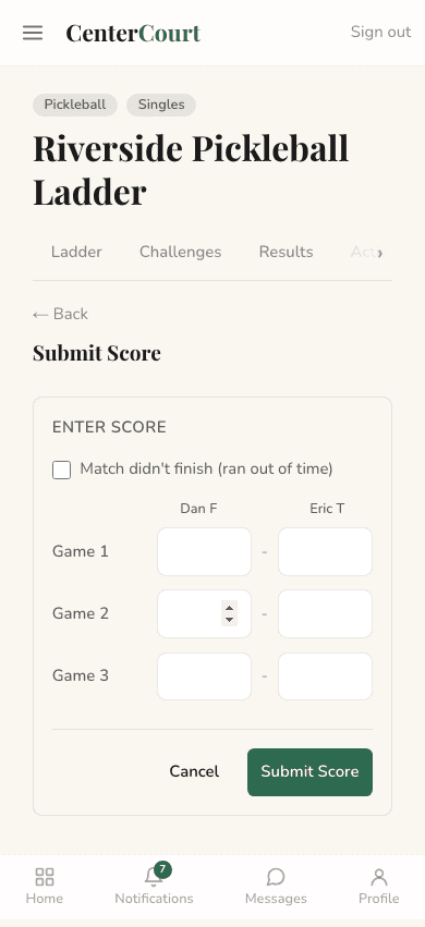 Mobile view of the score submission form with Game 1, Game 2, and Game 3 fields