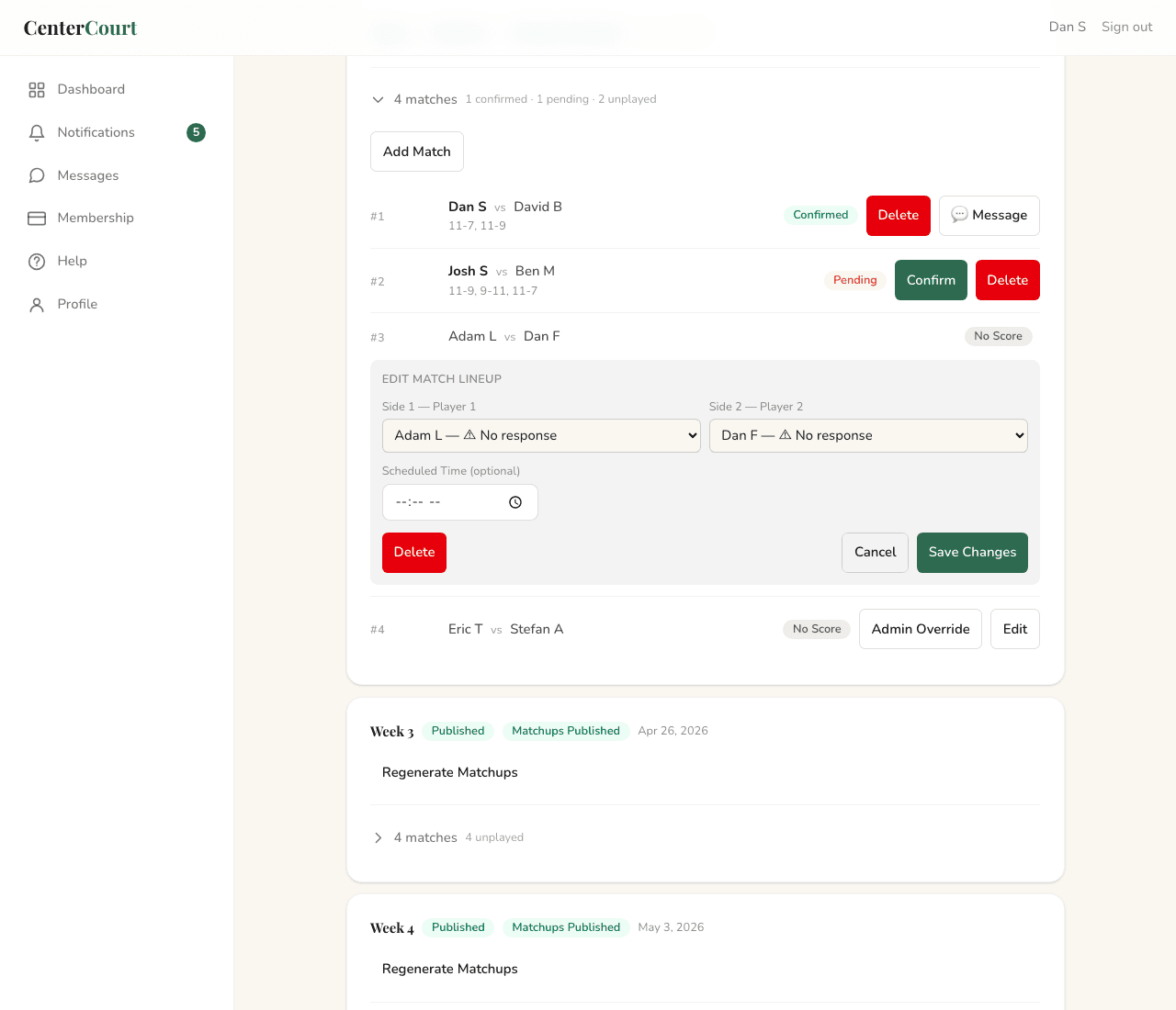 Admin matchup-edit panel open mid-week showing dropdowns to swap players, an optional scheduled-time field, and Save Changes / Delete / Cancel actions