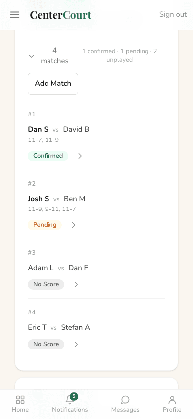 Mobile view of the schedule showing this week's matchups with confirmed, pending, and no-score states