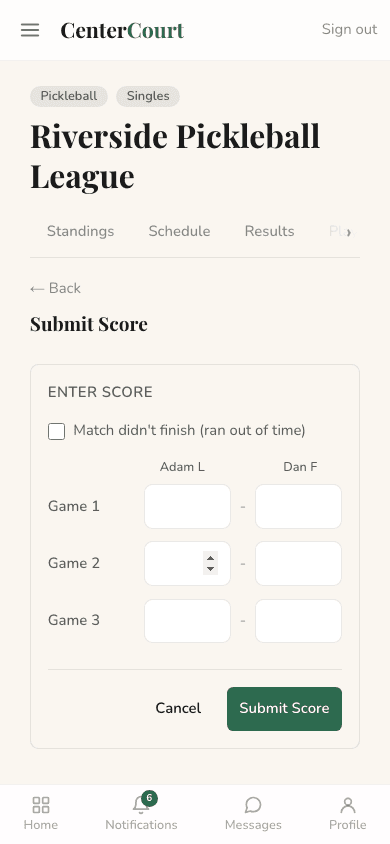 Mobile view of the score submission form with Game 1, Game 2, and Game 3 fields